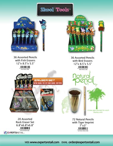 Fish Pencils Erasers, Bird Pencils Erasers, Natural Pencils, and Rock Eraser Set